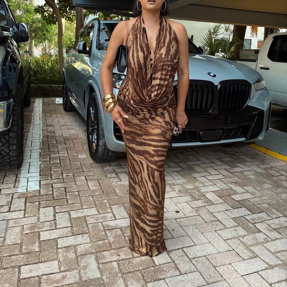 Brown Animal Print Halter Dress